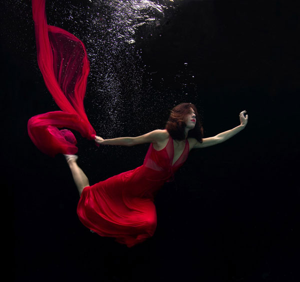 Mermaid Model in Red Dress - Mermaid Model Under Water