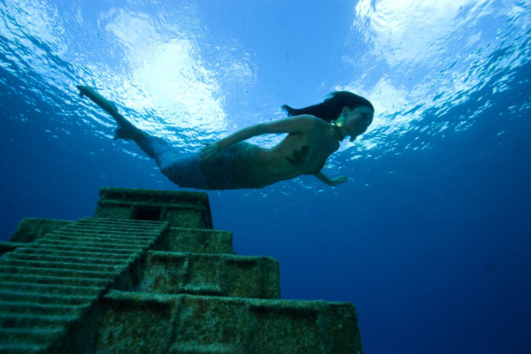 Mermaid Swims by Temple - Mermaid Model Under Water
