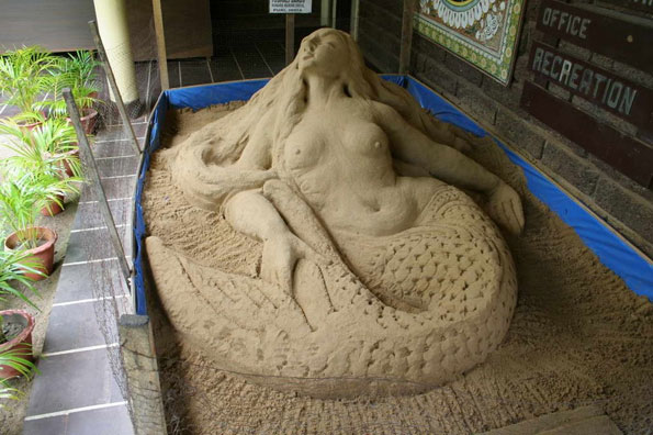 Mermaid Soaking Up Sun - Sand Mermaid Sculpture